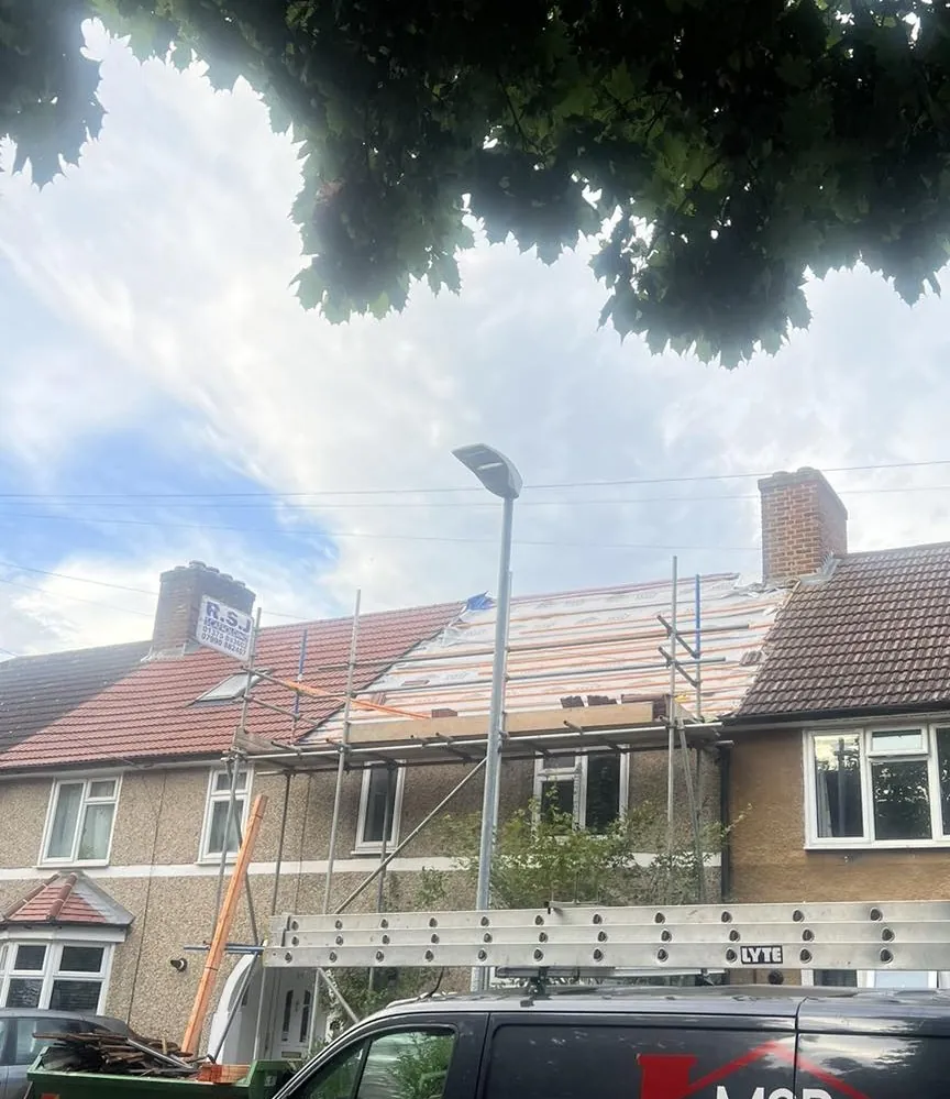 MS Roofing work van and scaffold during a roofing project in Basildon